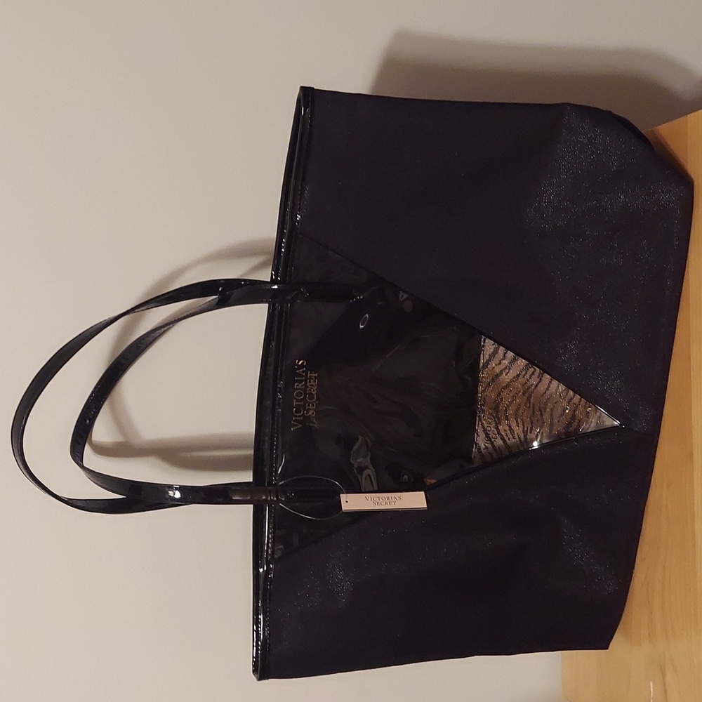 Victoria's Secret Love Victoria Black Shimmer Tote Bag with Attached Pouch - Picture 8 of 16